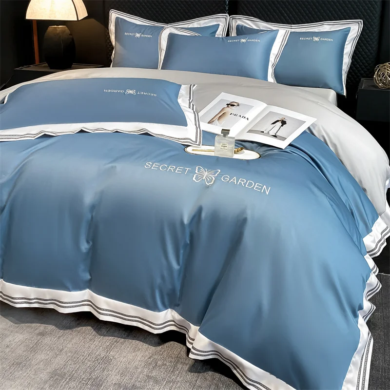 Комплект постельного белья с вышивкой бабочки 100% хлопок синий серый саржевый