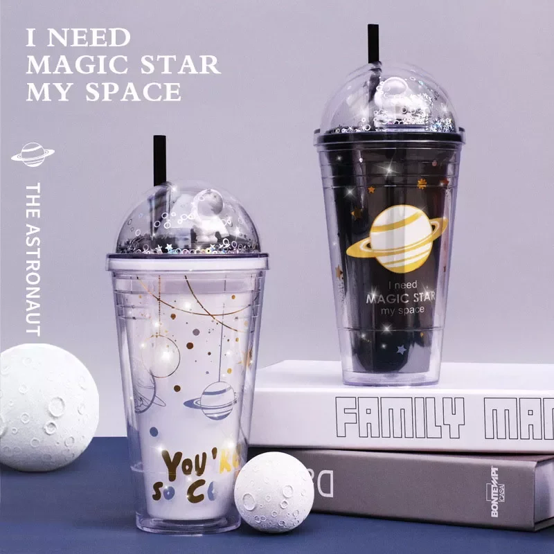 

New in Double Space with Lid Straw Cup Plastic Drinkware Cup Children Water Cups Cute Kawaii Drinks Cup Espresso Coffee Milk Mug