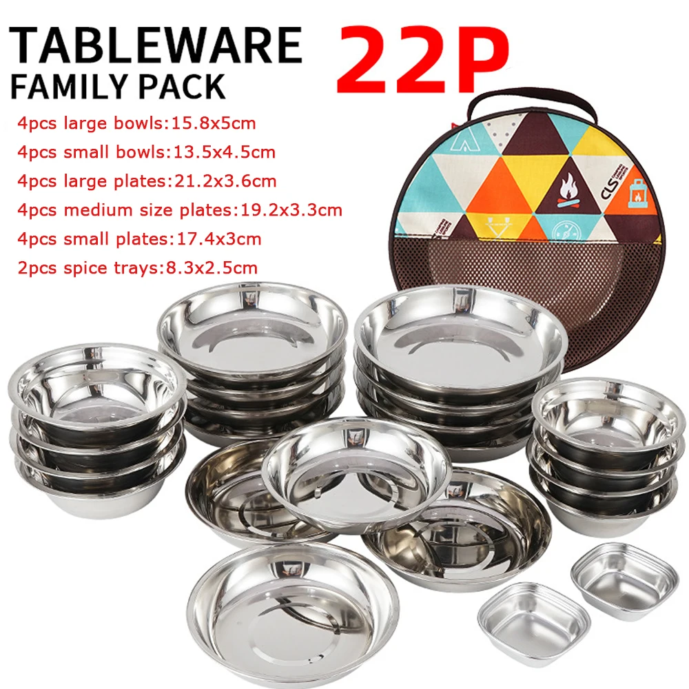 

Bowl Tableware Steel Set Stainless 17/22pcs Camping Picnic Travel Salad Food Dish Picnic Durable Plate Container Dinner Outdoor