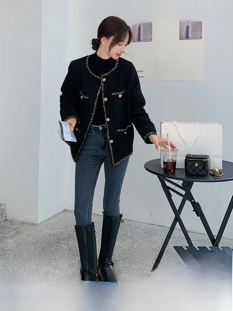 Черная изящная твидовая верхняя одежда для женщин 2024 весна и осень новое
