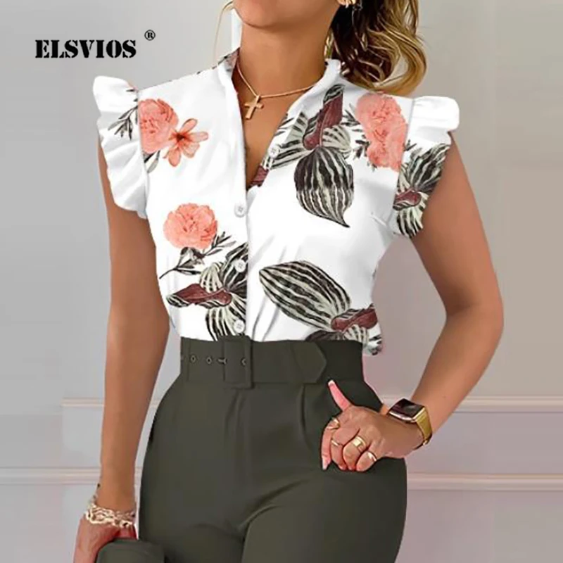 

Summer Fashion New Office Elegant Party Blouses Casual Printed V Neck Petal Sleeves Buttons Cardigans Female Slim Shirts Clothes