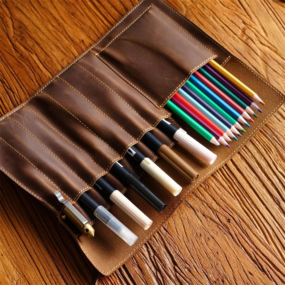 Genuine Leather Pencil Case Pen Roll Up Bag Retro Multifunctional Storage College Art Stuff Organizer Wrap Foldable Tool Pouch