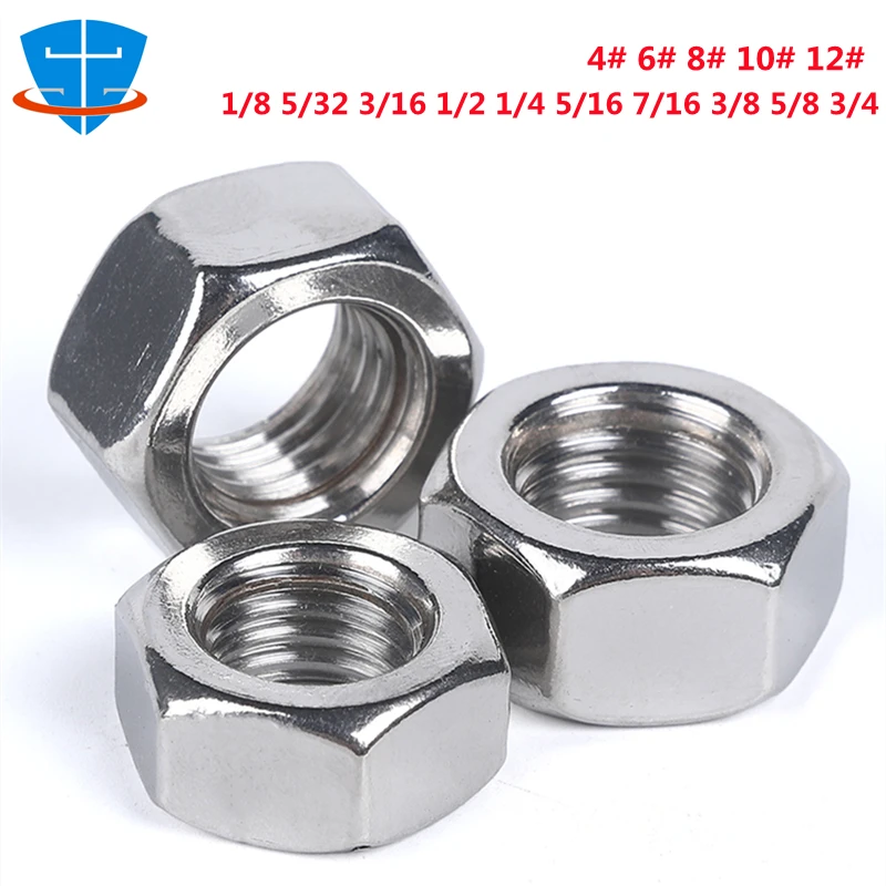 Anglo-American Standard Nuts 1/8 5/32 3/16 1/2 1/4 5/16 7/16 3/8 5/8 3/4 4# 6# 8# 10# 12# 304 Stainless Steel Hex Hexagon Nuts