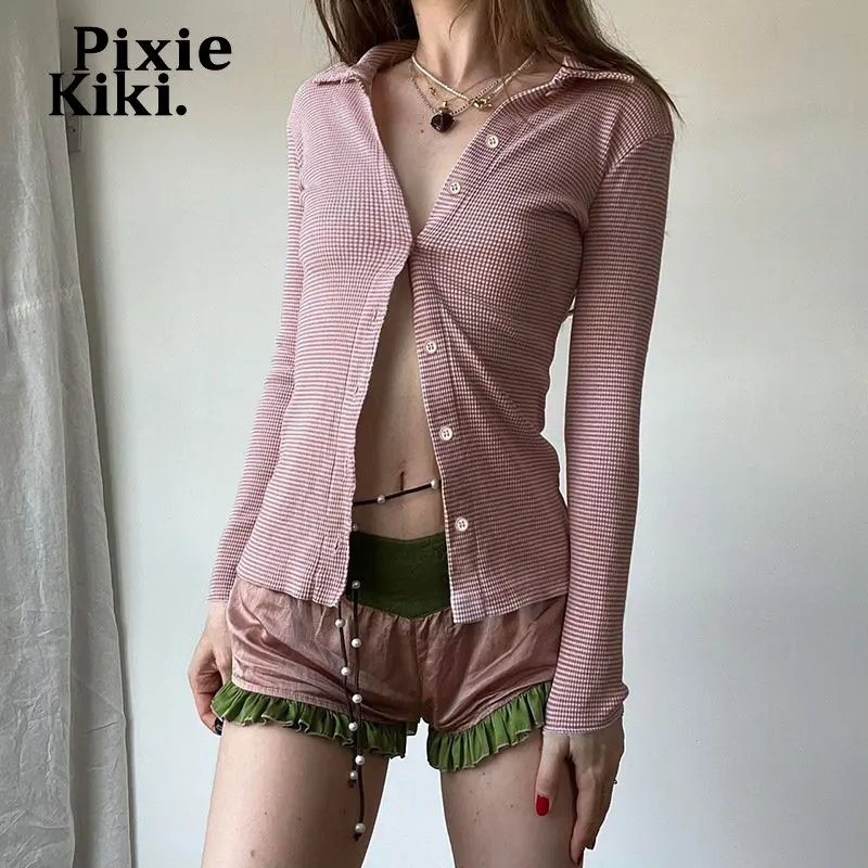 

Милая рубашка PixieKiki с длинным рукавом, розовые женские повседневные топы и блузки Y2k, винтажный кардиган на пуговицах, весна 2023
