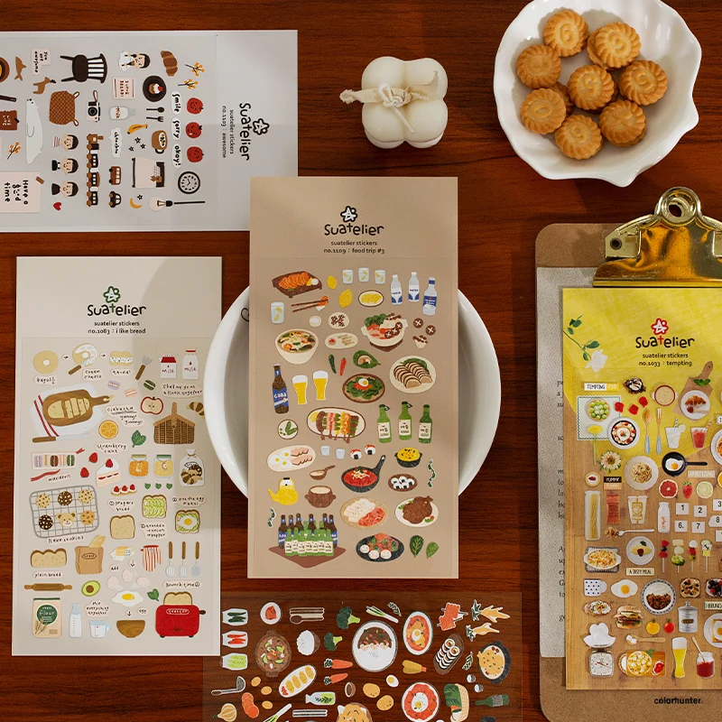 

Suatelier Foods Stickers Aesthetic Scrapbooking Cute Junk Journal Ephemera Korean Deco Sticker Planner Diary DIY Craft Supplies