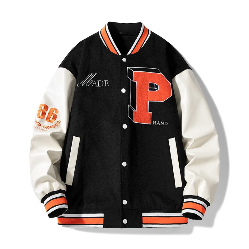

College Baseball Varsity Jacket Men Street Spring Autumn Letter Embroidery Bomber Coat Couple Patchwork Casual Loose Coat Men