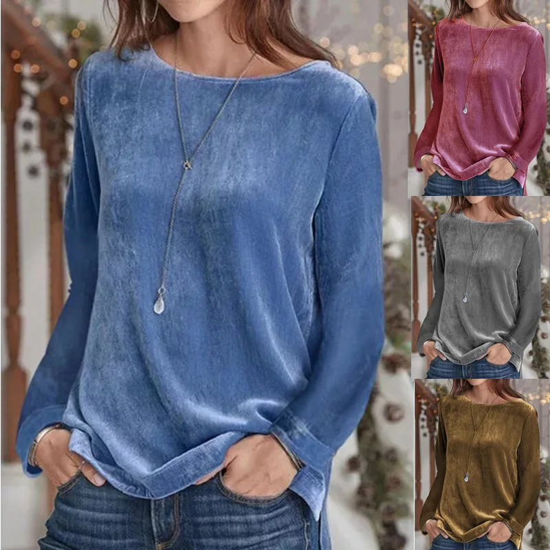 

Gold Velvet Long-sleeved T-shirt Spring Autumn Fashion Loose Round Neck Tops Women