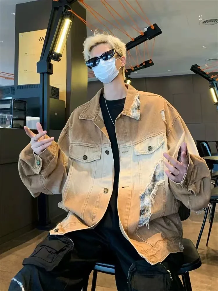 Американское винтажное джинсовое пальто с градиентом цвета в стиле пэчворк и