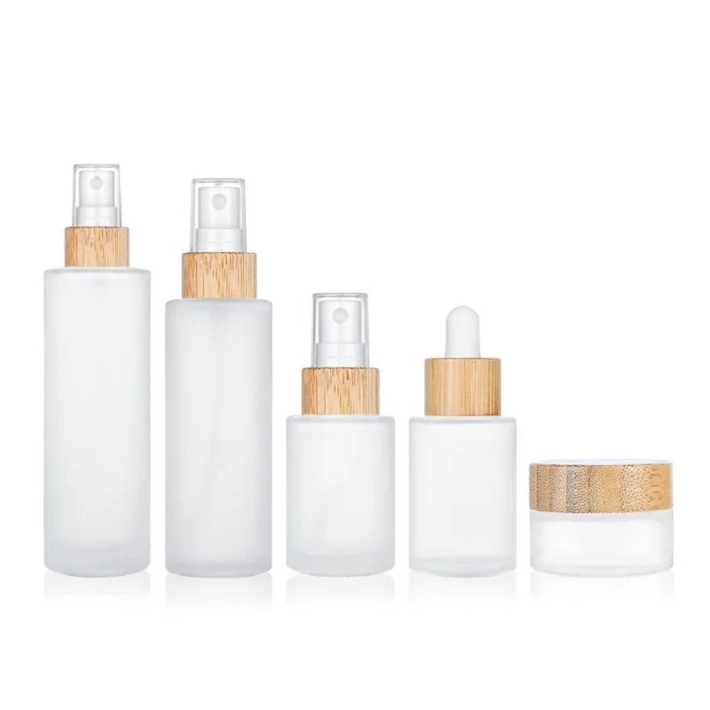 

20ml To 120ml Refillable Frosted Glass Lotion Serum Spray Bottle with Eco Bamboo Lid, 5g To 100g Empty Frosted Glass Cream Jars