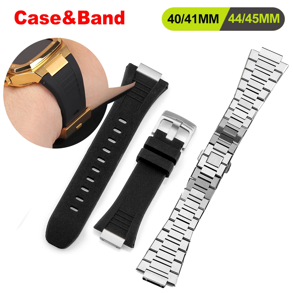 

Роскошный металлический чехол + резиновый ремешок для Apple Watch Band 8 7 41 мм 45 мм комплект для модификации ремешка из нержавеющей стали для IWatch 40 м...