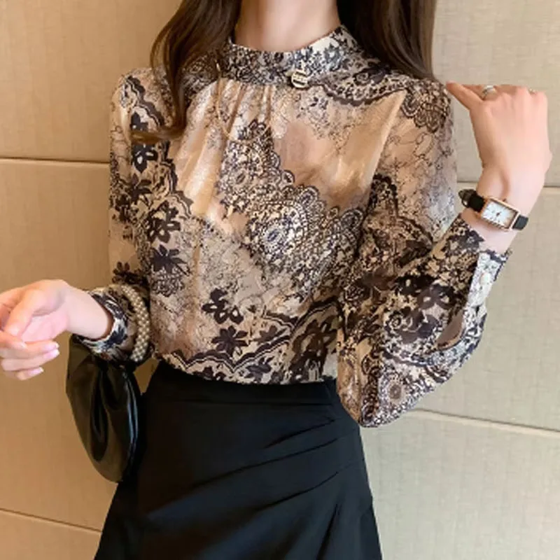 Модная женская блузка с воротником-стойкой и принтом шифоновая длинным рукавом