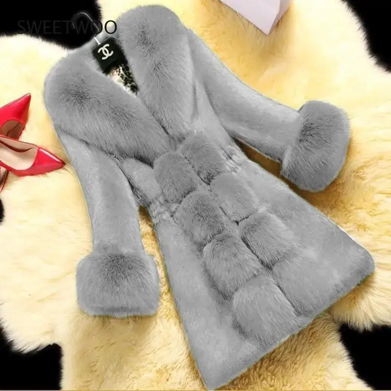 2022 New  Autumn Winter Female Mid-Long Plus Fleece Overcoat Faux Fur Fox Fur Collar Mink Fur Coat Thicken Elegant Tide