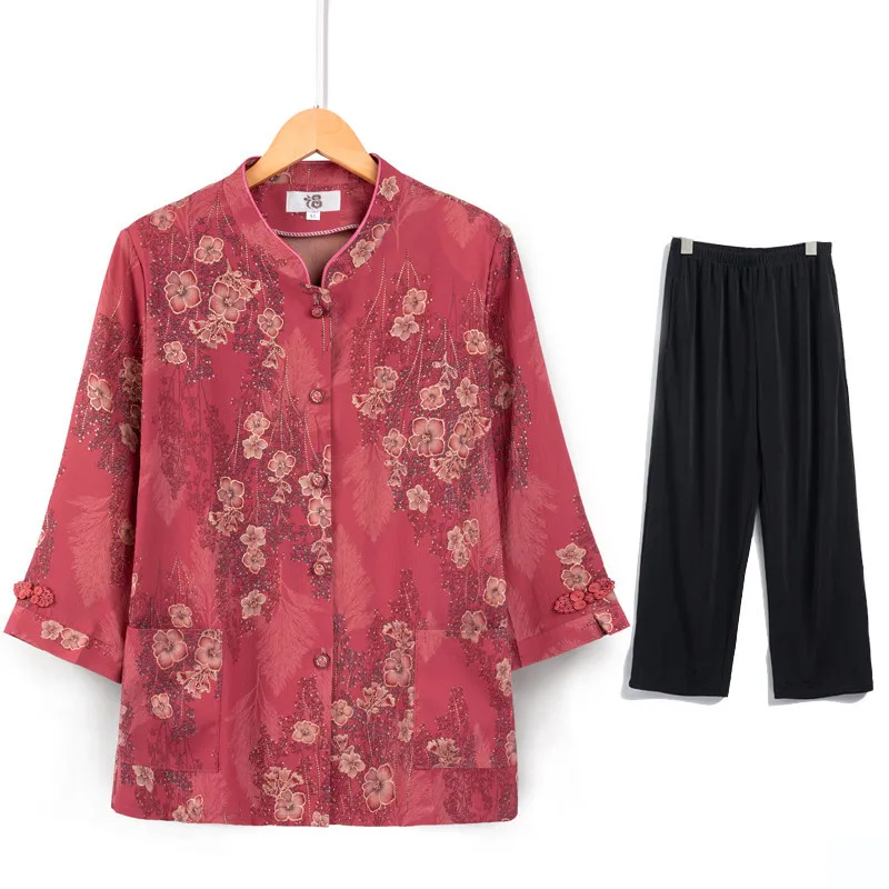 

XL-5XL Grandma Clothes Spring Autumn Middle-Aged Elderly Mother Two Pieces Sets 3/4 Sleeve Shirt Trousers Suit Womens Tracksuit