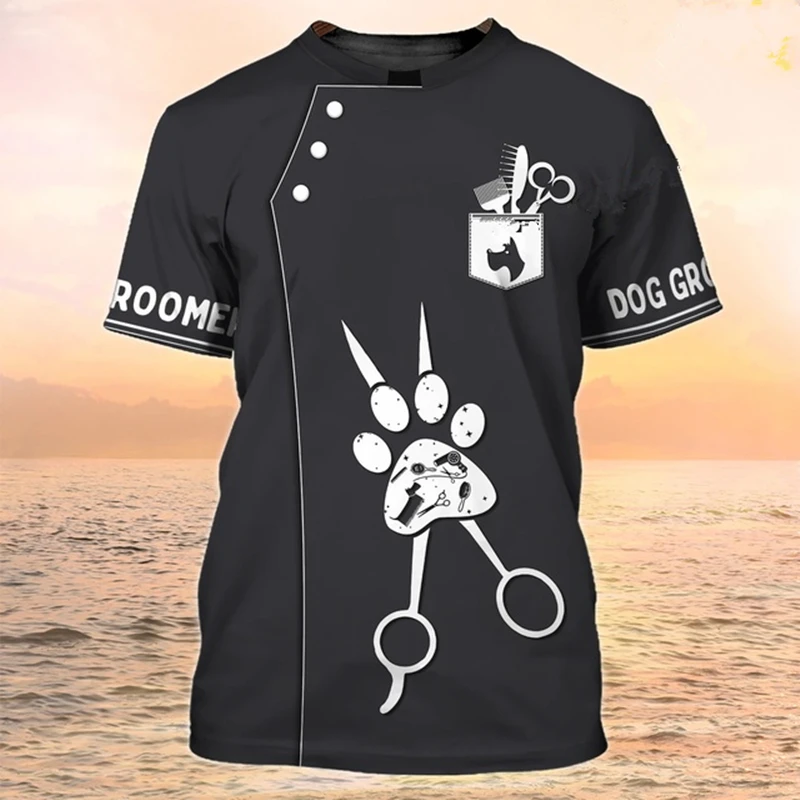 

T-shirt Men New Summer Fashion Crew Neck Printing 3D Personalized Name Dog Barber Unisex Casual Tops Pet Grooming Uniform
