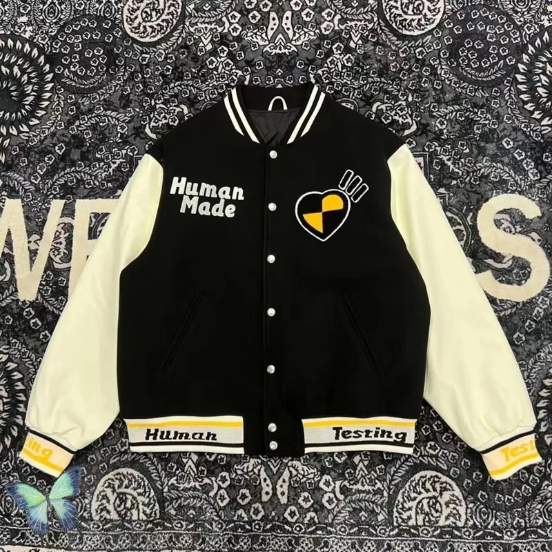 Human Made Embroidered Leather Sleeve Cowhide Baseball Jacket Single Breasted Cardigan