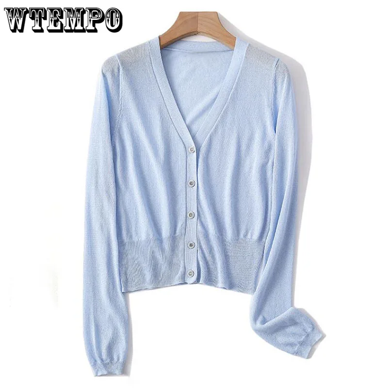 Ice Silk Cardigan Summer Female Long Sleeve Coat Air Conditioner Sunscreen V-Neck Women Shirts Regular Solid Casual Blouses