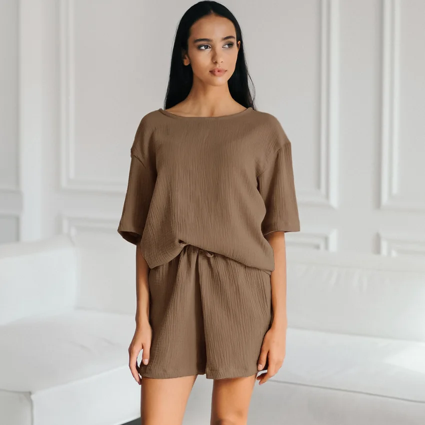 Casual Pajamas Sets Sleepwear 2pcs Solid Color Sleep Suit Shirt Shorts Loungewear Home Clothing Round Neck Nightwear