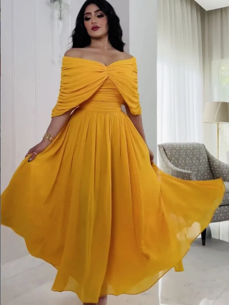 Morocco Party Dress Women Elegant Solid Color Yellow Long Vestidos Sexy V Neck Prom Chiffon Dresses India Longue Vestidos Largos