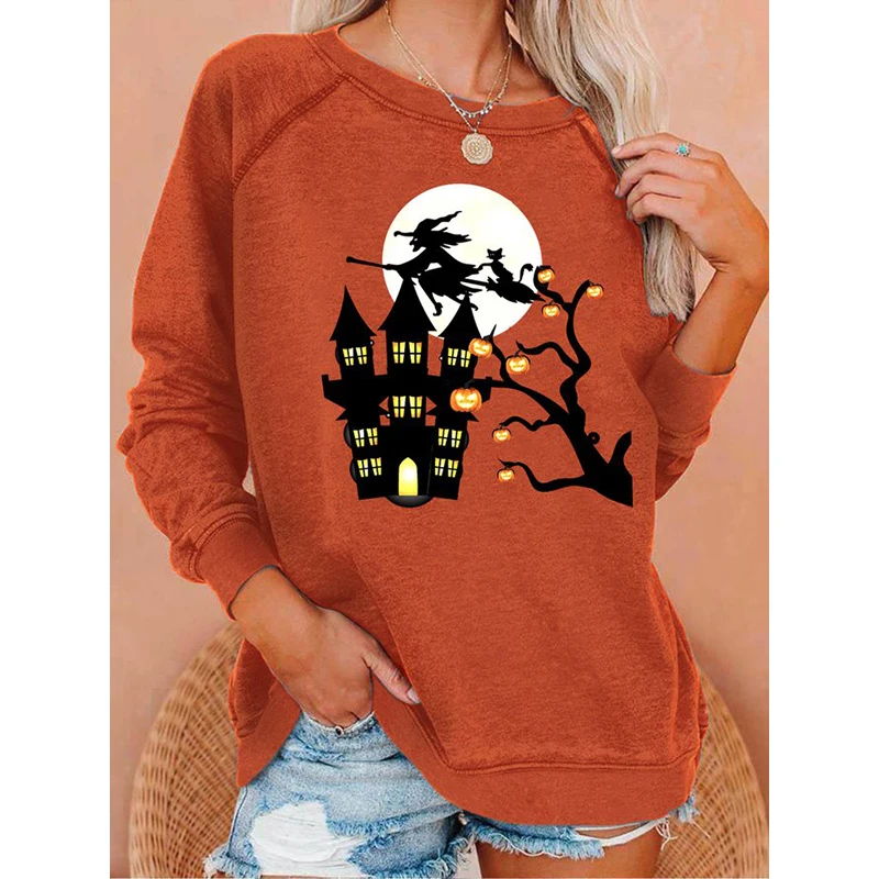

Rheaclot Witch With Halloween Printing Women's Causal Cotton Long Sleeve SweatShirt