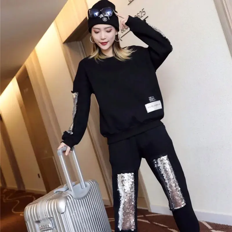 

Spring and Autumn Sequins Tracksuit For Women Loose Sweatshirt and High Waist Long Sweatpant 2 Piece Set
