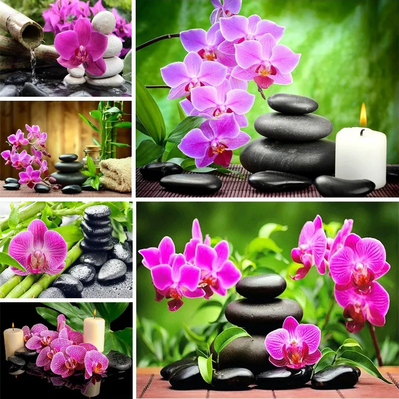 

Алмазная 5D живопись «сделай сам», стопка камней с орхидеей, розовыми цветами и бамбуком, полностью Алмазная вышивка, мозаика, домашний декор, подарок