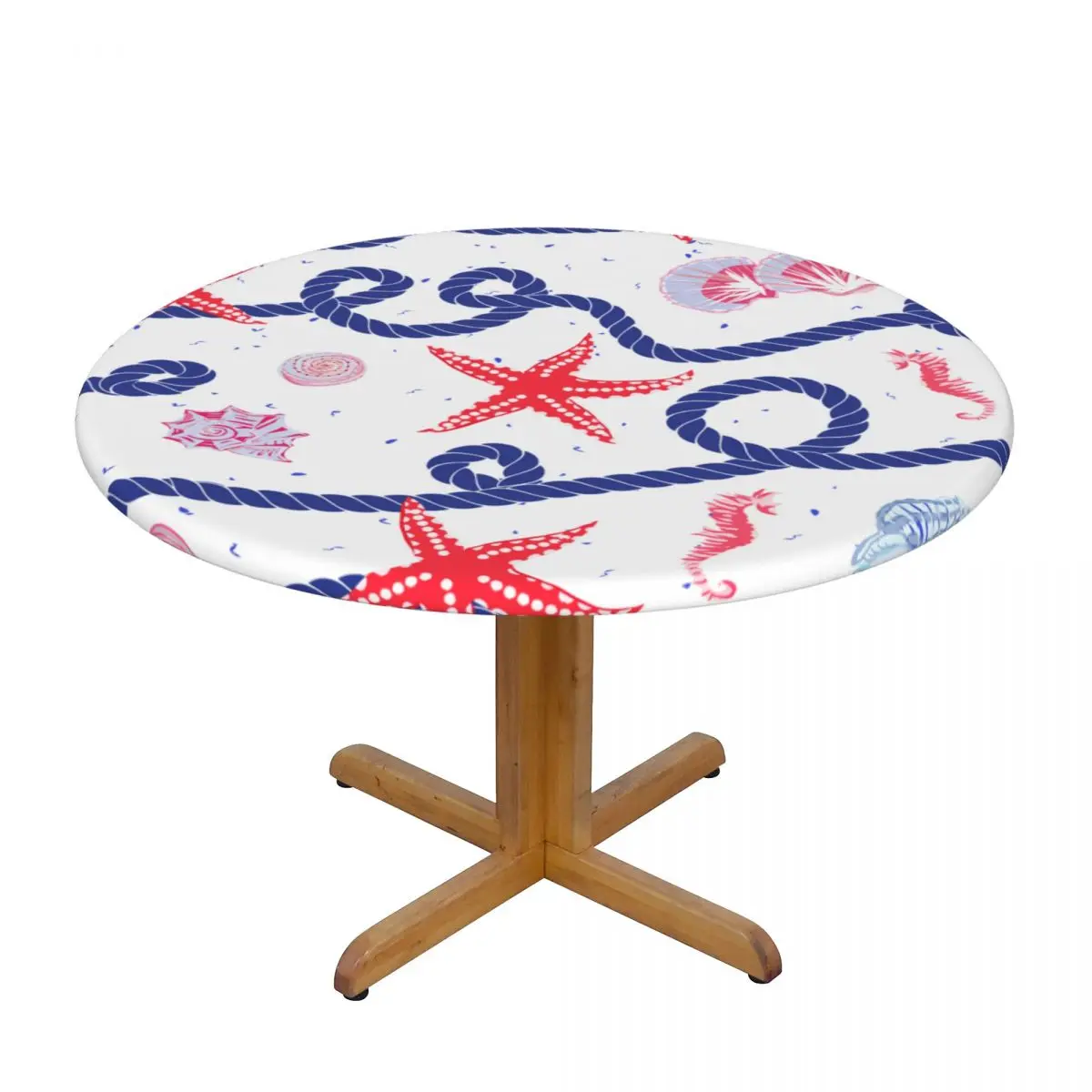 

Round Table Cover for Dining Table Elastic Tablecloth Nautical Marine Rope Starfish Shells Seahorse Fitted House Hotel Decor