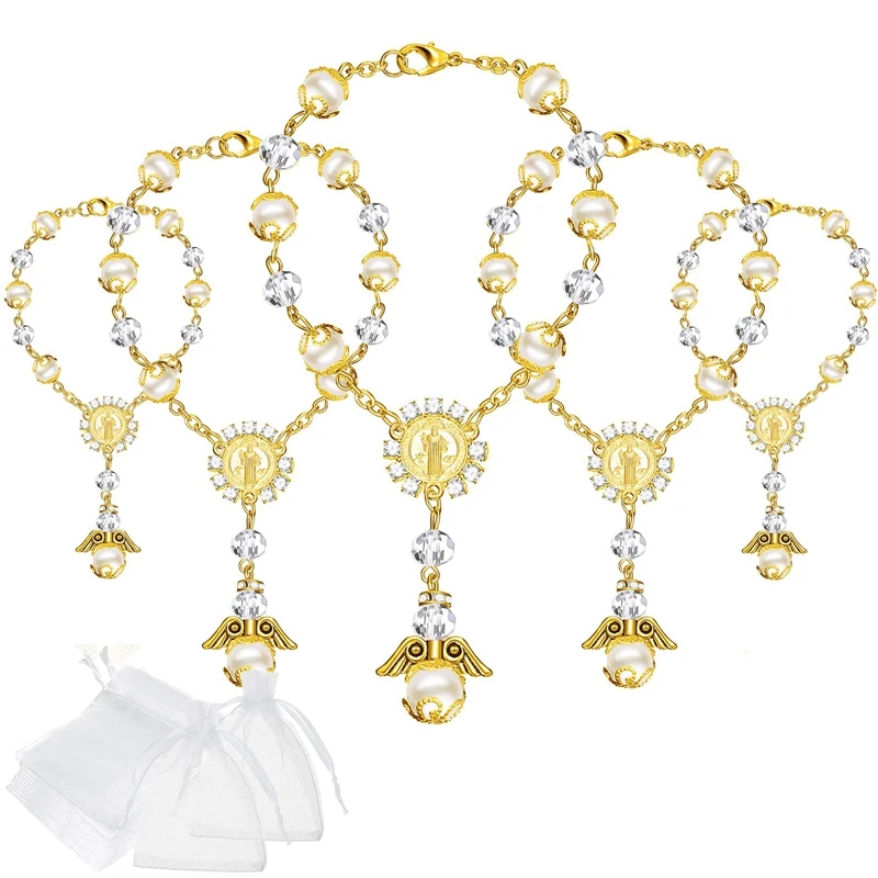 

20Pcs Pearl Bracelets Rosary For Girls With Charm Angel Catholic Baptism Christening Wedding Shower Birthday Party Favor