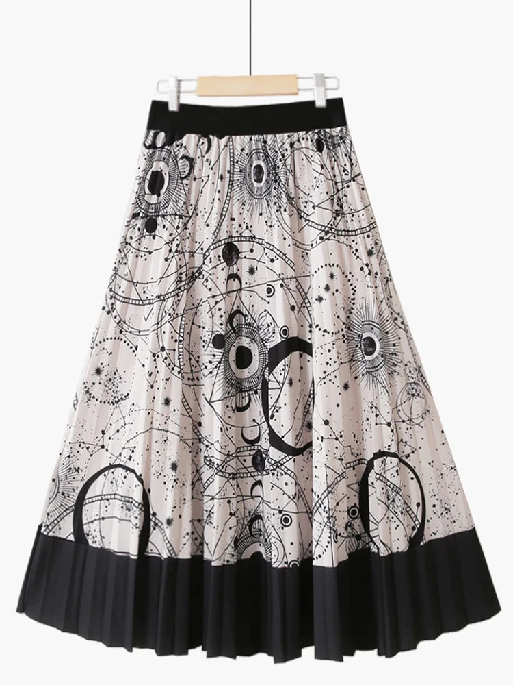 

Pleated Color Contrast Printing National Style Fashion Irregular Stitching Chiffon Medium And Long Vintage Skirt G375