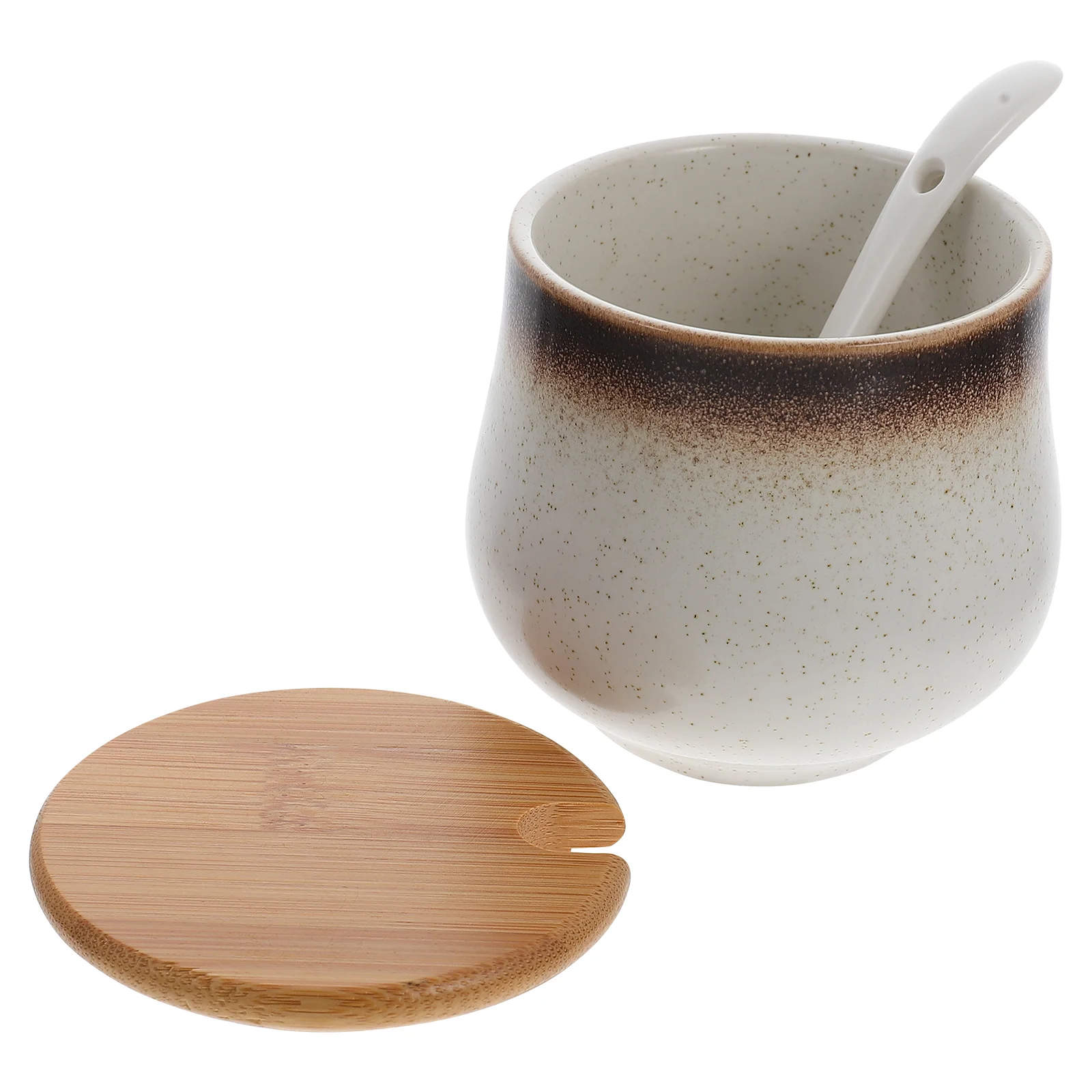 

Porcelain Sugar Bowl Condiment Jar: Single Ceramic Seasoning Jar with Wooden Lid Spoon Salt Container Storage for Kitchen Home