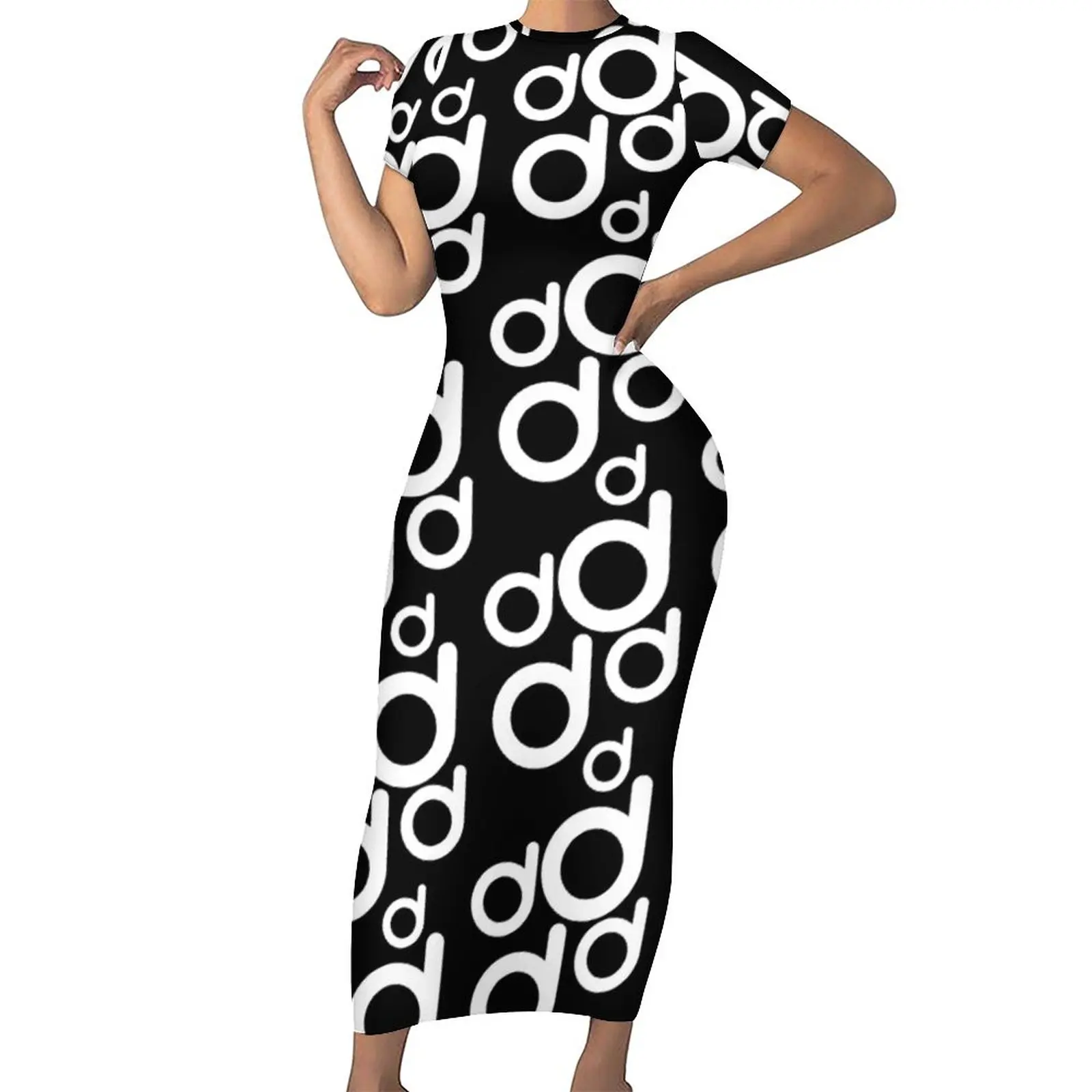 

White Abstract Letters Bodycon Dress Women Word D Print Night Club Maxi Dresses Spring Short Sleeve Street Style Graphic Dress