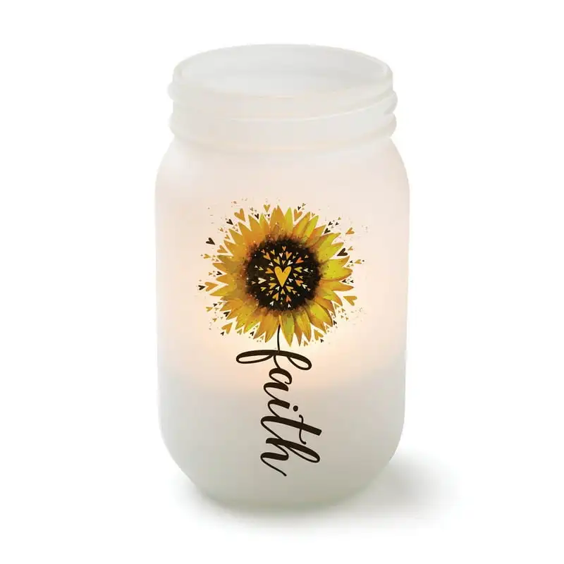 

Sunflower Frosted Glass Mason Jar Spiritual Votive Candle Holder for Hallway Display or Tabletop Décor, 17oz 3.5x4.5 Led candle