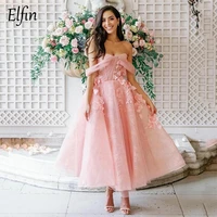 elfin new sweet pink evening dresses tea length formal party sexy backless pleats tulle 2022 customization prom robe de soiree