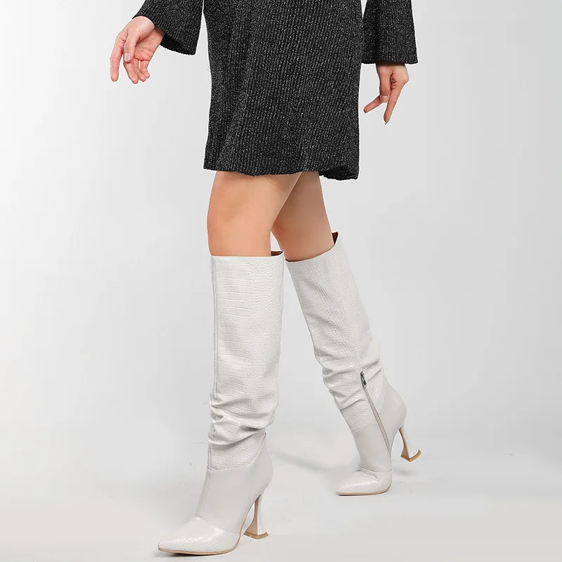 Sexy Women Solid Color Long Boots Thin Heel Microfiber Pointed Toe Shoes Female High Heel Pleated Zipper-Sid Punk Boots Female