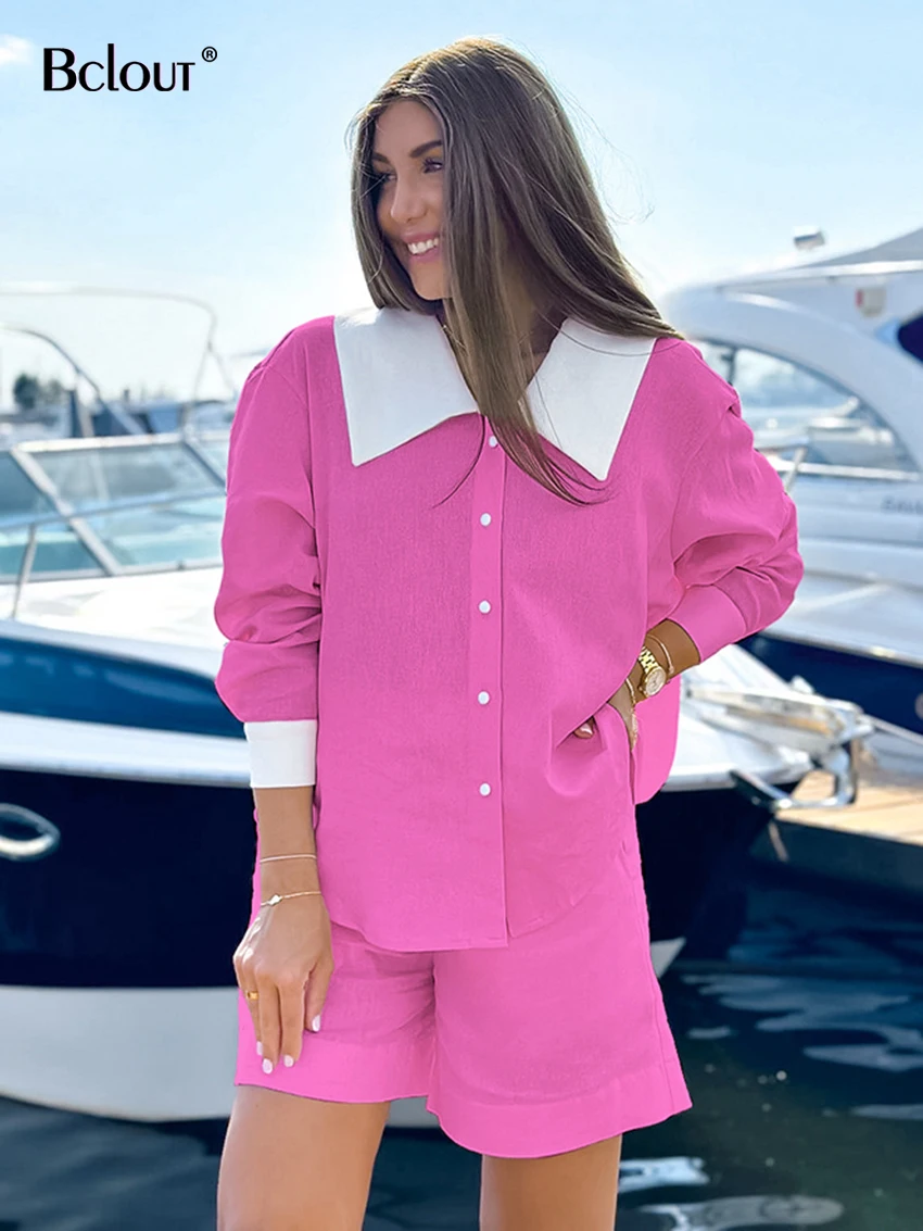 

Bclout Eleant Linen Pink Shorts Sets Women 2 Pieces Autumn Patchwork Long Sleeve Loose Tops Fashion Cotton Wide Leg Shorts Suits