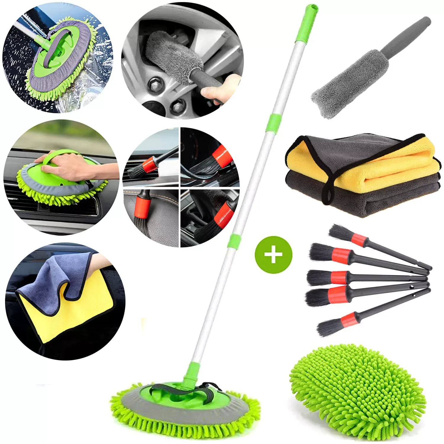 

NEW Three section Telescoping Car Wash Brush Mop Chenille Microfiber Broom Towel Set Auto Detailing Tire Brush Cleaning Tool