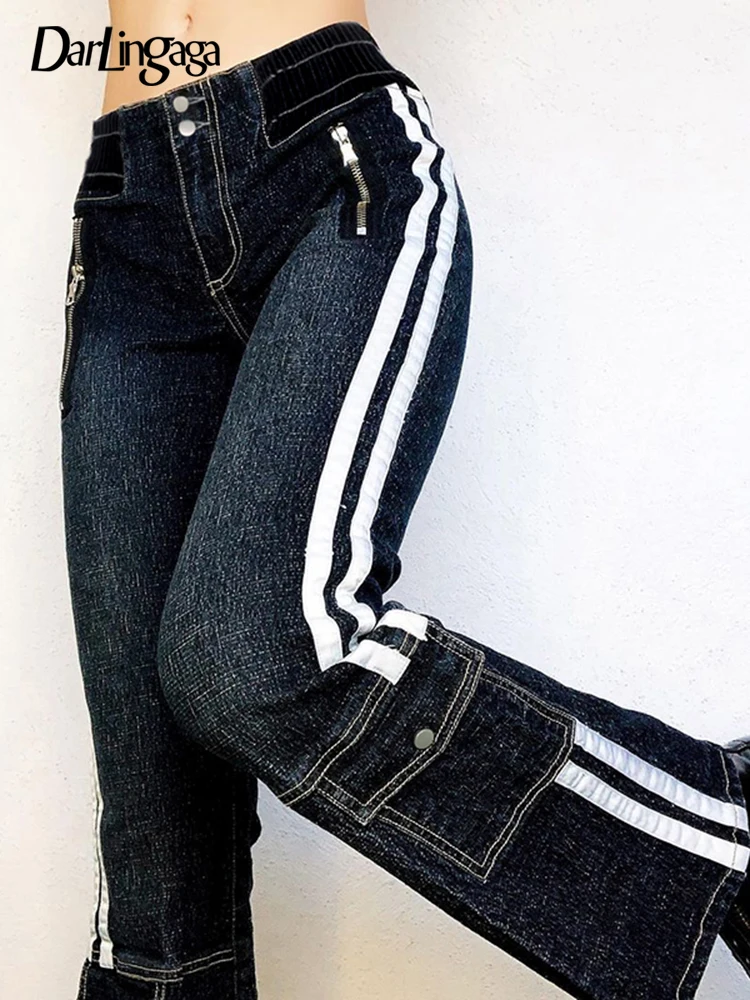 

Darlingaga Y2K Retro Streetwear Stripe Patchwork Low Rise Jeans Pockets Skinny Denim Trousers Women Harajuku Korean Capris Chic