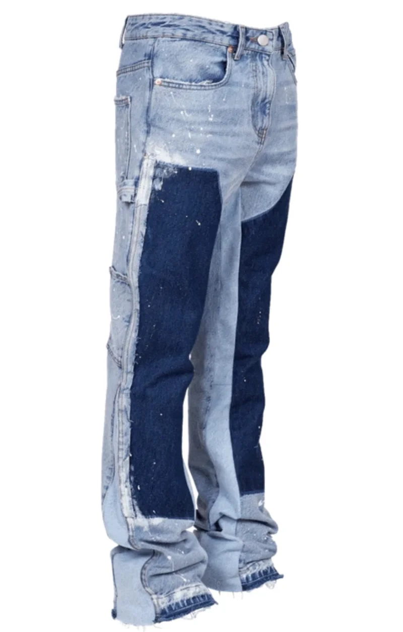 New Mens Jeans Contrast Color Wash and Splice Denim Pants for Men