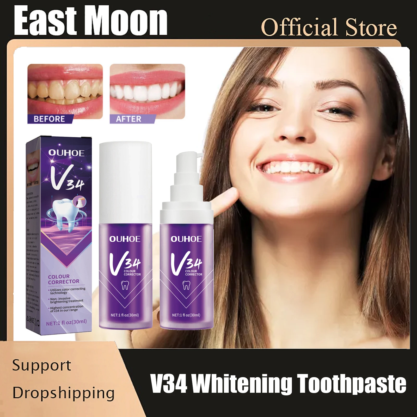 

Teeth Whitening Toothpaste V34 Teeth Colour Corrector Brightening Reduce Yellowing Stain Remover Oral Cleaning Care Fresh Breath
