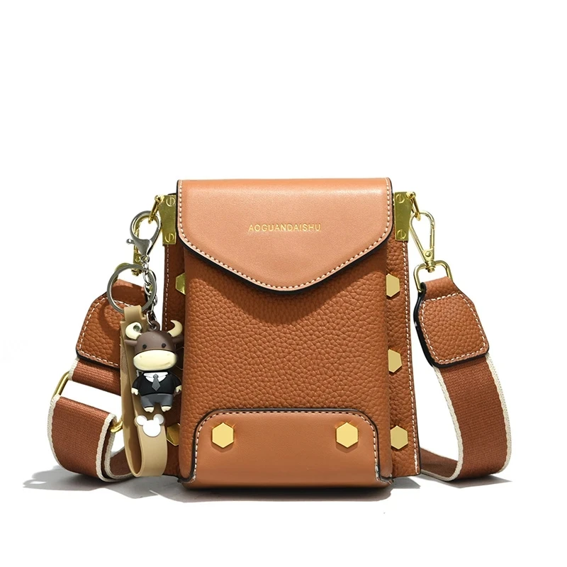 

Leather Women's Luxury Handbags Designer Rivet Cowhide Shoulder Mobile Phone Bags Solid Color Mini Ladies Crossbody Bag