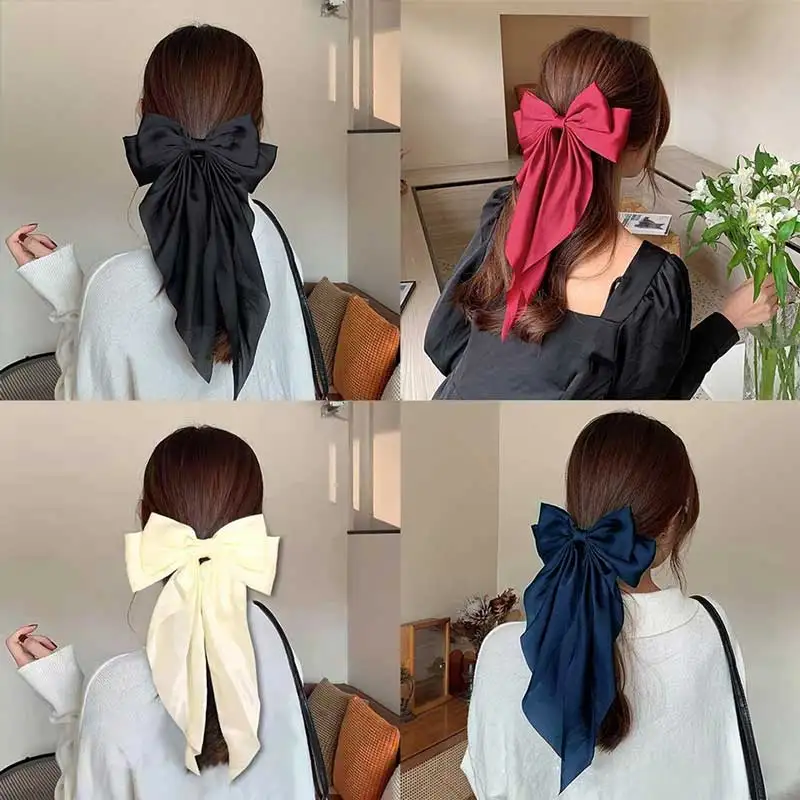 

New Women Large Bow Hairpin Spring Chiffon Big Bowknot Stain Bow Barrettes Girls Solid Color Ponytail Clip Hair Accessories