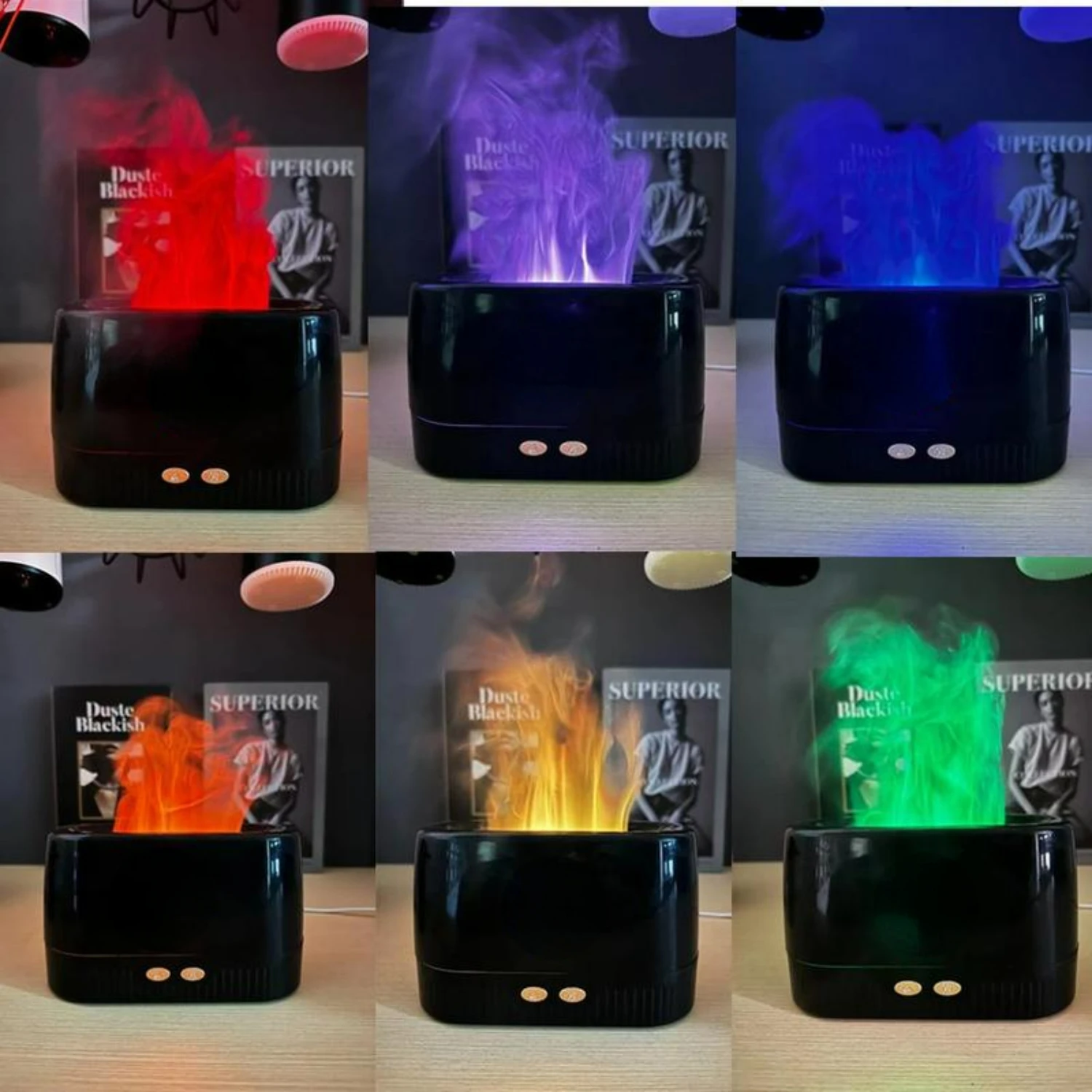 Тихий и спокойный воздушный диффузор с имитацией пламени мягким светом —