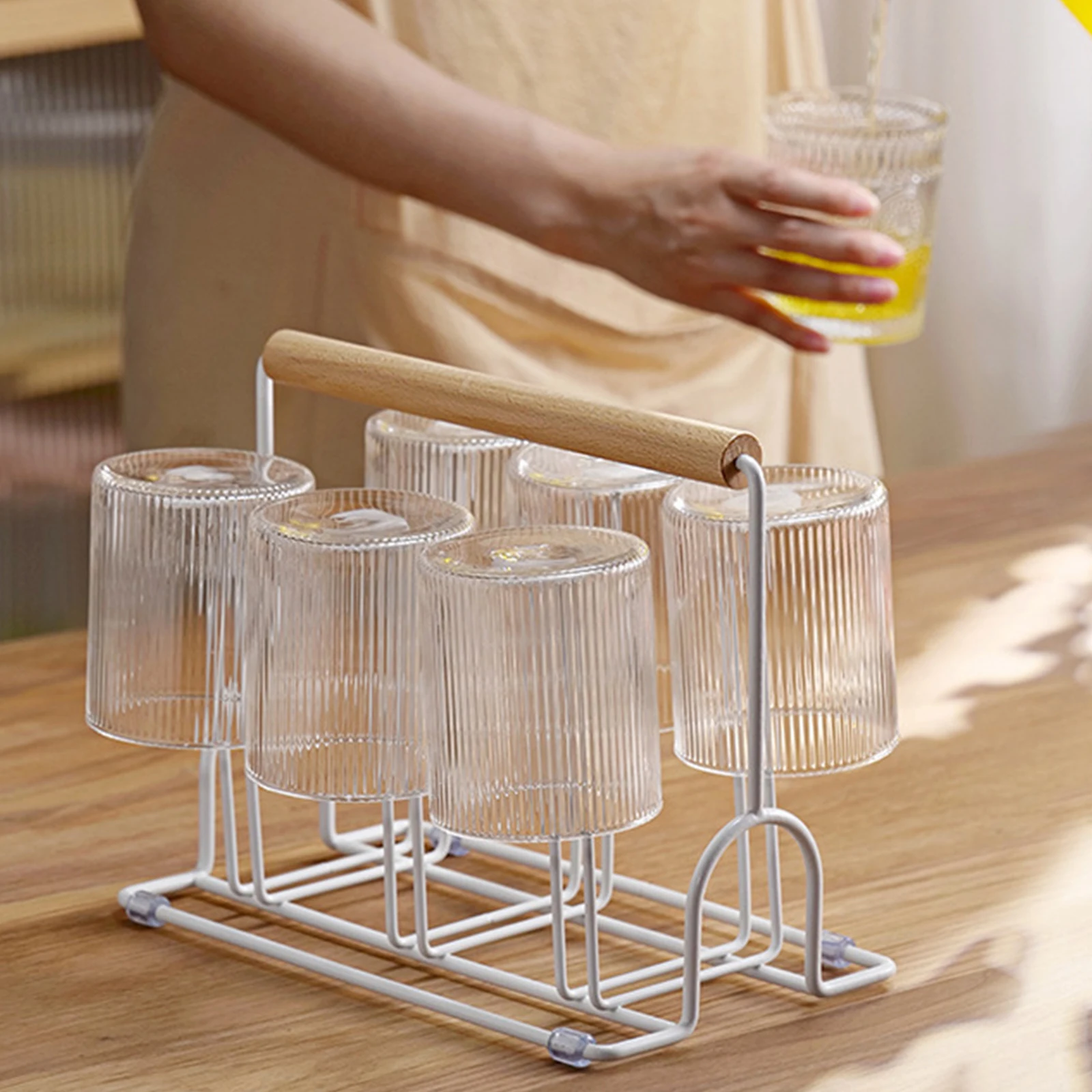 

Kitchen Wrought Iron Cup Holder with Drain Tray Simple Cup Storage Rack 6 Cup Glass Drying Rack Hanging Drainer Storage Non-Slip