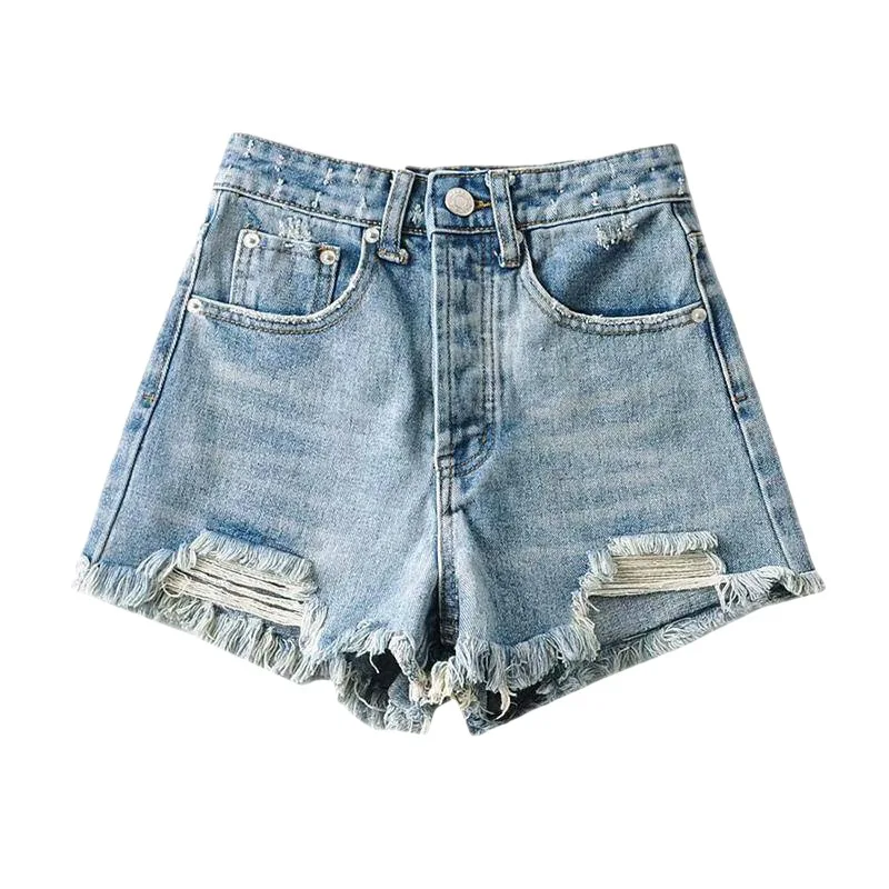 Distressed Ragged Denim Shorts Women'S Vintage Slim Fit Shows Thin Legs Long Waist Wide Leg Hot Pants