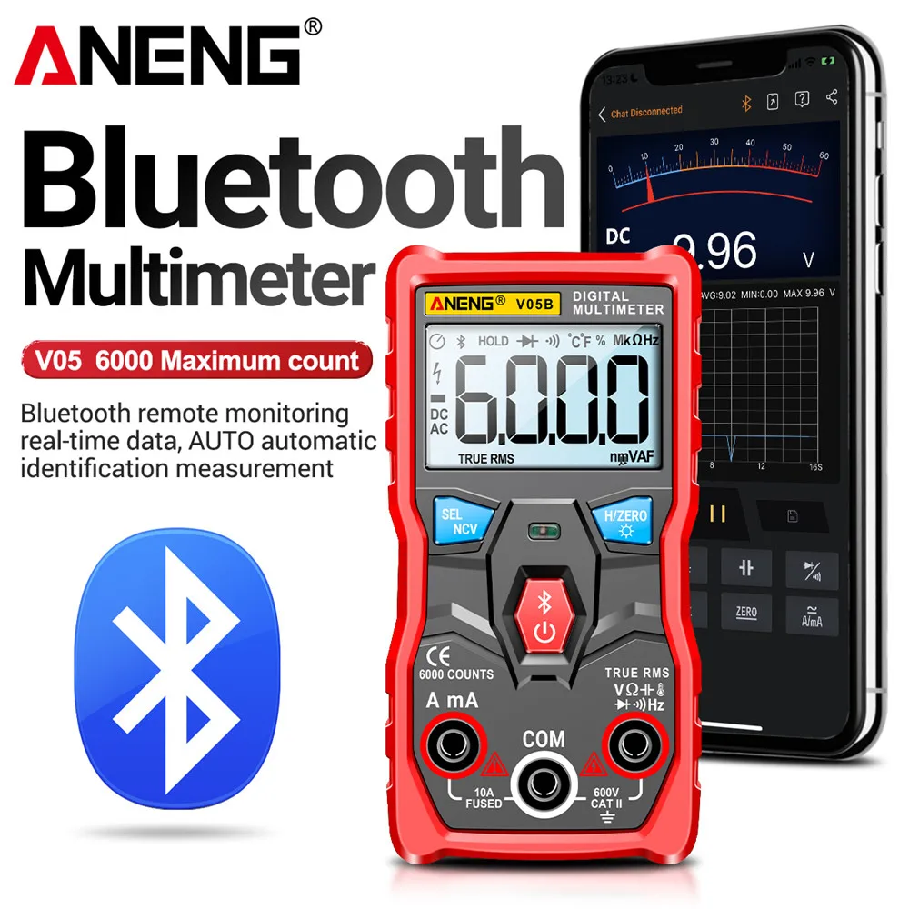 

Цифровой мультиметр ANENG V05B, 6000 отсчетов, профессиональный аналоговый мультиметр, минитестеры напряжения переменного/постоянного тока, True RMS, Bluetooth мультиметр