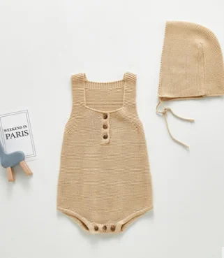

2Pcs Infant Baby Romper Set Casual Sleeveless Button Front Knit Bodysuit + Bonnet Hat