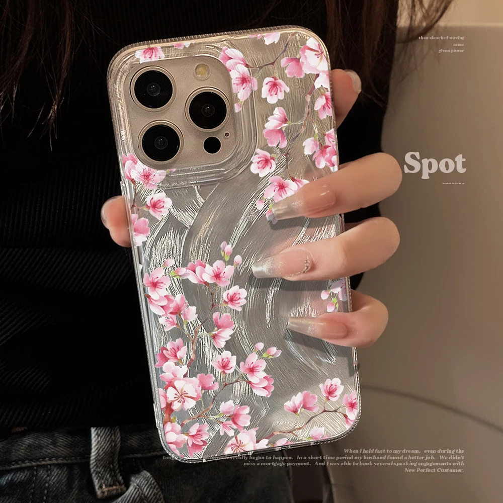 Фото Чехол для телефона с текстурой перьев для iPhone 17 Pro Max 15 16 14 13 12 11 8 7 Plus Pro 16E Air, винтажный, с вишневым цветом, жесткий матовый чехол №2