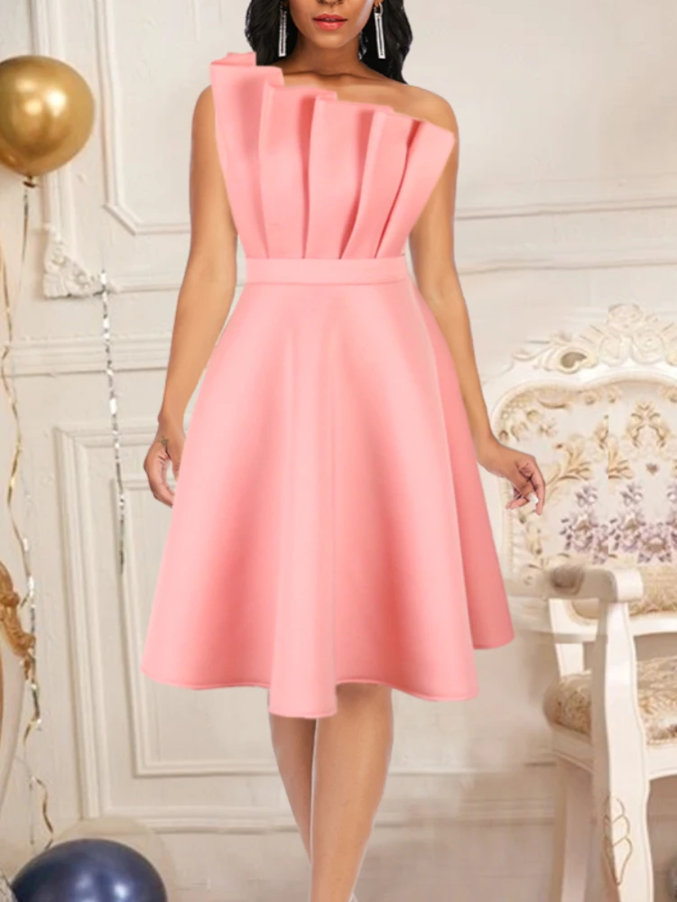 Женское вечернее платье с оборками розовое плиссированное трапециевидной формы