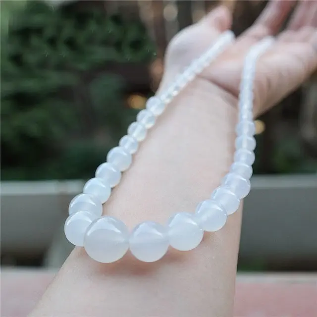 White Jade Pith Ice Tower Chain Women's Jade Pith Necklace Natural White Agate Beads Necklace Collar Chain