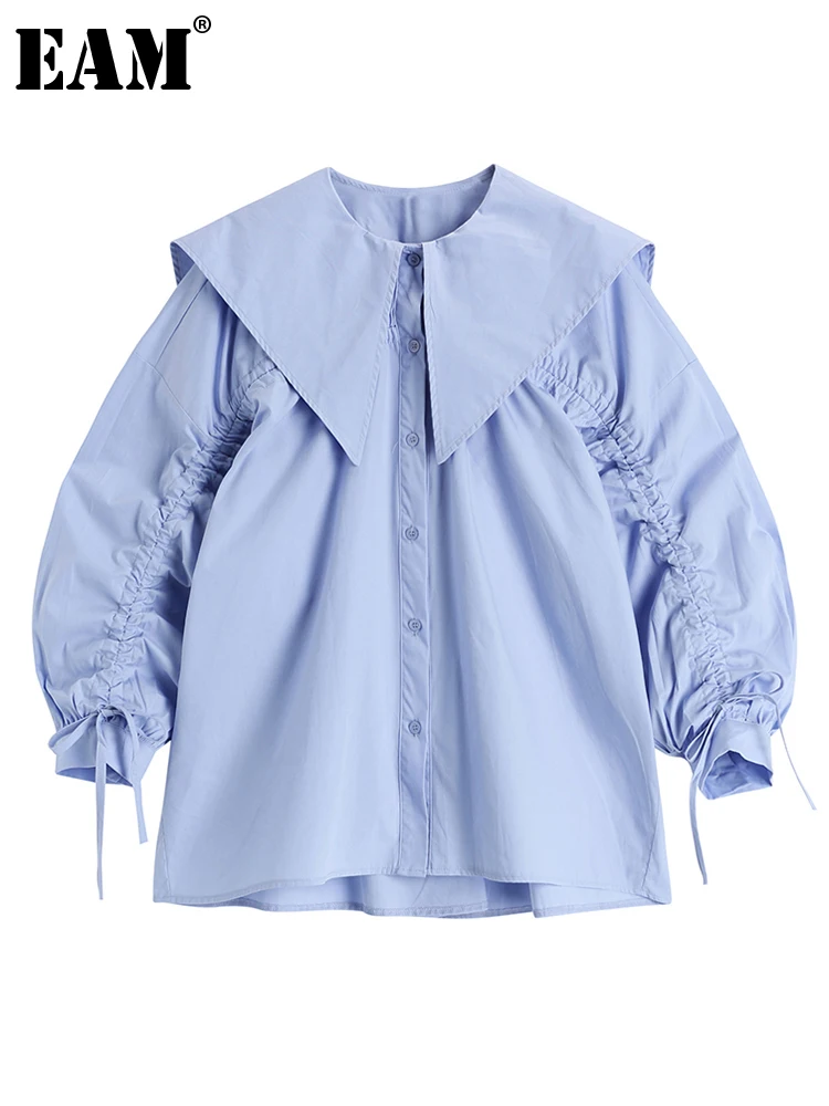 

[EAM] Women Blue Drawstring Big Size Plaid Blouse New Peter Pan Collar Long Sleeve Shirt Fashion Tide Spring Autumn 2022 1DE6549