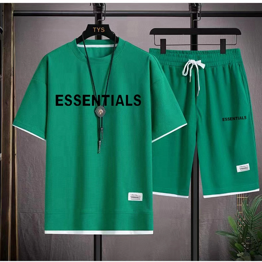 Summer Men's Set Waffle Sports Shorts Cool and Breathable Round Neck T-shirt Outdoor Jogging Too Strong Home Casual Two Piece Se